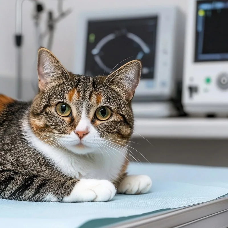 Cat on exam table with diagnostic equipment in the background